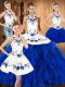 Eye-catching Blue And White Satin and Organza Lace Up Sweet 16 Quinceanera Dress Sleeveless Floor Length Embroidery and Ruffles