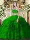Popular High-neck Sleeveless Quinceanera Dress Floor Length Beading and Ruffled Layers Green Tulle