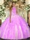 Floor Length Backless Sweet 16 Quinceanera Dress Lilac for Military Ball and Sweet 16 and Quinceanera with Beading and Ruffles