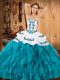 Glamorous Teal Satin and Organza Lace Up Strapless Sleeveless Floor Length Vestidos de Quinceanera Embroidery and Ruffles
