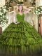 V-neck Sleeveless Quince Ball Gowns Floor Length Beading and Lace and Ruffled Layers Olive Green Organza