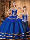 Delicate Blue Satin and Tulle Lace Up Sweetheart Long Sleeves Floor Length Ball Gown Prom Dress Embroidery
