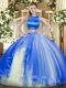 Customized Blue Two Pieces Ruffles Quinceanera Dress Criss Cross Tulle Sleeveless Floor Length
