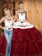 Wine Red Two Pieces Embroidery and Ruffled Layers 15th Birthday Dress Lace Up Satin and Organza Sleeveless With Train