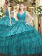 Teal Sweet 16 Dress Military Ball and Sweet 16 and Quinceanera with Embroidery and Ruffled Layers V-neck Sleeveless Zipper