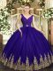 Beauteous Purple Ball Gowns Tulle V-neck Sleeveless Beading and Appliques Floor Length Backless Ball Gown Prom Dress