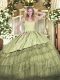 Sleeveless Organza Floor Length Zipper Sweet 16 Dress in Olive Green with Embroidery and Ruffled Layers