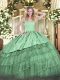 Most Popular Floor Length Green Quinceanera Gown Organza Sleeveless Embroidery and Ruffled Layers