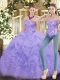 Glittering Lavender Two Pieces Appliques and Ruffles Ball Gown Prom Dress Zipper Organza Sleeveless Floor Length
