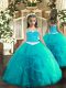 Aqua Blue Ball Gowns Tulle Straps Sleeveless Appliques and Ruffles Floor Length Lace Up Little Girls Pageant Dress Wholesale