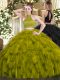 Halter Top Sleeveless Vestidos de Quinceanera Floor Length Beading and Ruffles Olive Green Organza