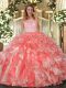 Scoop Sleeveless Clasp Handle Quinceanera Gowns Coral Red Organza
