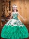 Custom Fit Turquoise Straps Lace Up Embroidery and Ruffles Kids Formal Wear Sleeveless
