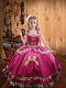 Hot Pink Satin Lace Up Off The Shoulder Sleeveless Floor Length Kids Formal Wear Beading and Embroidery