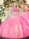 Fantastic Floor Length Watermelon Red and Rose Pink Ball Gown Prom Dress High-neck Sleeveless Backless
