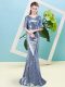 Floor Length Blue Prom Dresses Sequined Half Sleeves Sequins