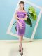 Off The Shoulder Short Sleeves Zipper Prom Party Dress Lilac Sequined