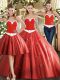 Coral Red Ball Gowns Sweetheart Sleeveless Tulle Floor Length Lace Up Beading Vestidos de Quinceanera