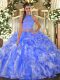 Romantic Blue Sweet 16 Quinceanera Dress Military Ball and Sweet 16 and Quinceanera with Beading and Ruffles Halter Top Sleeveless Backless
