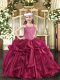 Fuchsia Lace Up Child Pageant Dress Beading and Ruffles Sleeveless Floor Length