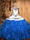 Sleeveless Satin and Organza Floor Length Lace Up Sweet 16 Quinceanera Dress in Blue And White with Embroidery and Ruffles