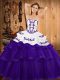 Affordable Purple Lace Up Strapless Embroidery and Ruffled Layers Quinceanera Dress Tulle Sleeveless Sweep Train