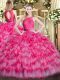 Beauteous Organza Scoop Sleeveless Zipper Lace and Ruffled Layers Quince Ball Gowns in Hot Pink