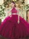 High End Halter Top Sleeveless Backless Ball Gown Prom Dress Fuchsia Tulle