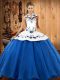 Blue And White Ball Gowns Embroidery 15 Quinceanera Dress Lace Up Satin and Tulle Sleeveless Floor Length