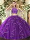Purple Quinceanera Dresses Military Ball and Sweet 16 and Quinceanera with Beading and Ruffles High-neck Sleeveless Zipper