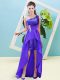 Purple A-line One Shoulder Sleeveless Elastic Woven Satin and Sequined High Low Lace Up Beading Prom Party Dress