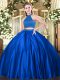 Designer Halter Top Sleeveless Backless Sweet 16 Dress Royal Blue Tulle