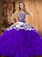 Cheap Purple Ball Gowns Sweetheart Sleeveless Satin and Organza Floor Length Lace Up Embroidery and Ruffles Quince Ball Gowns