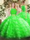 Organza Scoop Sleeveless Zipper Lace and Ruffled Layers Quince Ball Gowns in Green