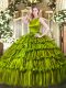 Stylish Olive Green Organza Clasp Handle Scoop Sleeveless Floor Length Sweet 16 Dresses Ruffled Layers