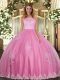 Rose Pink Ball Gowns Scoop Sleeveless Tulle Floor Length Clasp Handle Lace and Appliques Ball Gown Prom Dress