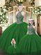 Fitting Dark Green Ball Gowns Tulle Halter Top Sleeveless Beading Floor Length Lace Up Vestidos de Quinceanera