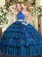 Blue Sleeveless Beading and Ruffled Layers Floor Length Quinceanera Gowns