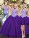 Fashion Tulle Sweetheart Sleeveless Lace Up Beading Vestidos de Quinceanera in Purple