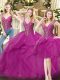 Excellent Fuchsia Lace Up V-neck Beading and Ruffles Quinceanera Dress Organza Sleeveless