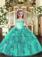 Turquoise Little Girl Pageant Gowns Party and Quinceanera with Appliques and Ruffles Straps Sleeveless Lace Up