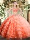 Charming Orange Red Tulle Backless Quince Ball Gowns Sleeveless Floor Length Beading and Ruffled Layers