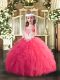 Perfect Tulle Straps Sleeveless Lace Up Beading and Ruffles Little Girl Pageant Gowns in Hot Pink