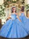 Customized Baby Blue Ball Gowns Organza Straps Sleeveless Appliques and Ruffles Floor Length Lace Up Pageant Dress for Girls