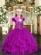 Adorable Fuchsia Tulle Lace Up Straps Sleeveless Floor Length Pageant Gowns Beading and Ruffles