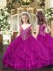 Floor Length Lace Up Little Girls Pageant Dress Fuchsia for Party and Quinceanera with Beading and Ruffles