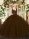 Brown Zipper V-neck Beading 15th Birthday Dress Tulle and Sequined Sleeveless