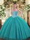 Beading 15 Quinceanera Dress Turquoise Lace Up Sleeveless Floor Length