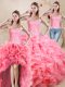 High Quality Watermelon Red Organza Lace Up Quinceanera Dress Sleeveless Floor Length Beading and Ruffles