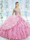 Baby Pink Organza Lace Up 15th Birthday Dress Sleeveless Brush Train Beading and Ruffles